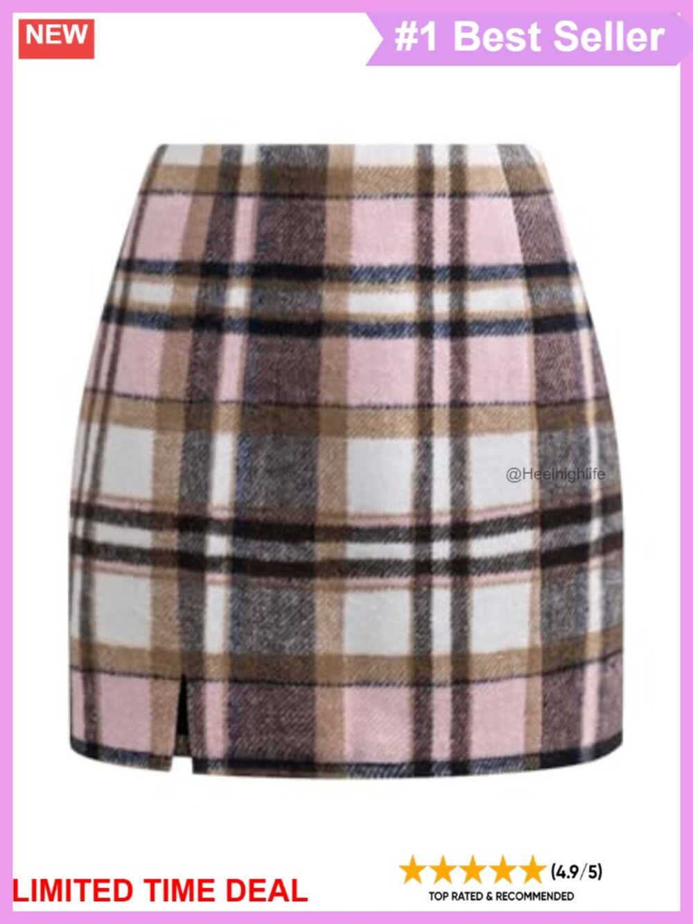 High Waisted Plaid Bodycon Mini Skirt Polyester Slit Hem Fall Winter